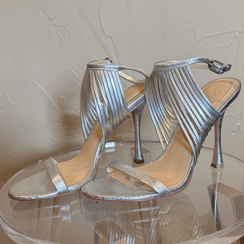 Vince Camuto Silver Metallic Pleated Ankle-Strap Heels